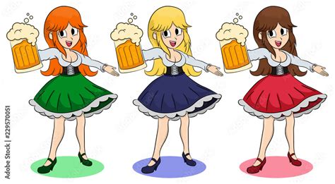Funny Girls With A Different Color Hair And Skirt Keep The Beer Invites You Enter Illustration