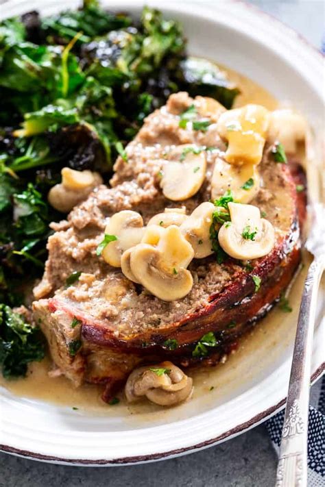 The cheese in the middle is an ooey, gooey surprise. Bacon Wrapped Meatloaf with Mushroom Gravy {Paleo, Whole30 ...