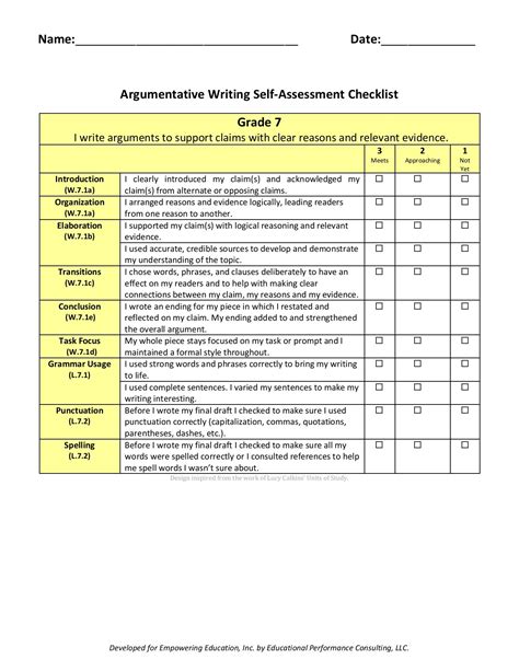 7th Grade Argumentative Writing Student Checklist Empowering