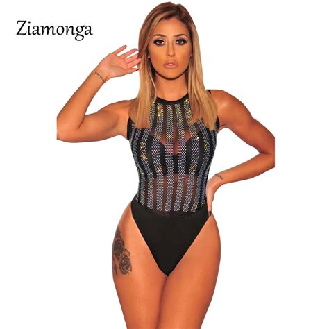 Ziamonga Sexy Mesh Bodysuit Women Summer O Neck Bodycon Bandage Women Jumpsuit Bodysuit Party