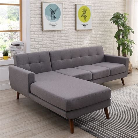Mid Century Left Facing Tufted Linen Fabric Upholstered Sectional Sofa