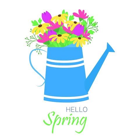 Premium Vector Flowers In Watering Can Bouquet Of Spring Or Summer