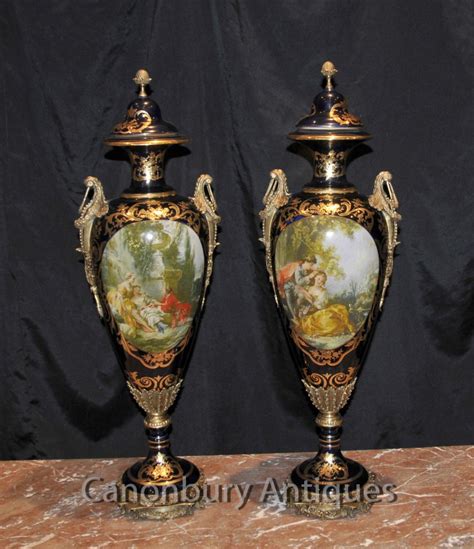 Pair Sevres Porcelain Romantic Vases Amphora Urns French Pottery