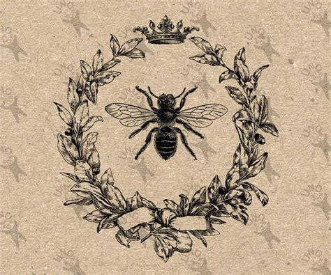 Vintage Queen Bee Crown Honeybee Collage Illustration Instant Download