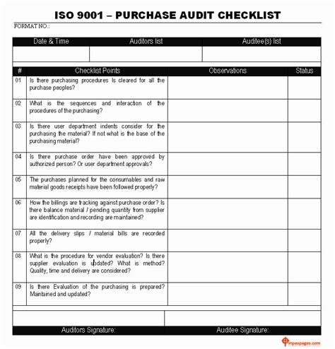 Free home inspection checklist and standards of practice for home inspections and reporting provided by internachi. Vendor Audit Checklist Template Lovely iso 9001 Purchase ...