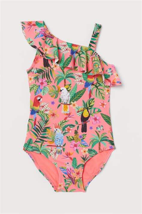Patterned Flounced Swimsuit Neon Pinkrainforest Kids Handm Gb