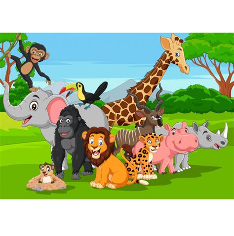 Dibujos Animados De Animales Salvajes En La Selva Vector Premium