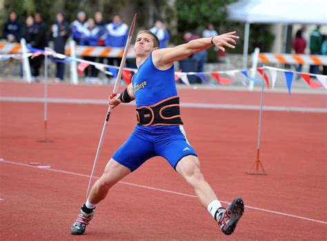 An athlete who practices javelin throw directs the sharp edge of the javelin in the air at a particular angle. UCSD senior makes his point in javelin throw - The San ...