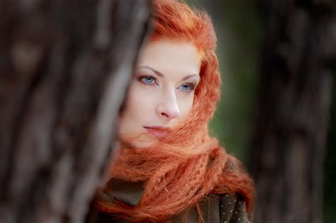 face women outdoors women redhead model portrait depth of field looking away long hair