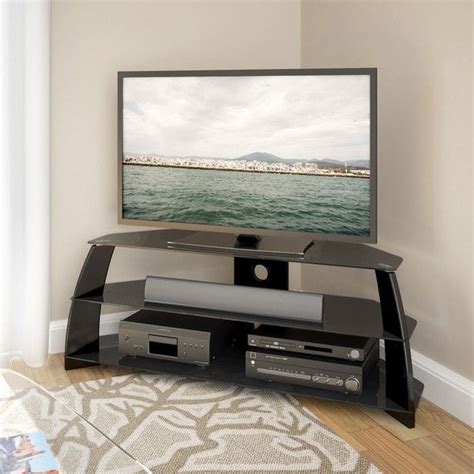 Corliving Taylor Glossy Black Corner Tv Stand With Glass Shelves 215