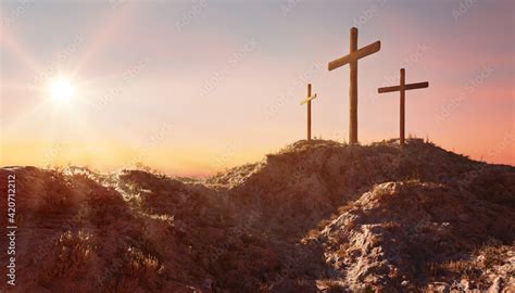Stockfoto Crucifixion And Resurrection Three Crosses Of Golgotha By Sunset Easter Or