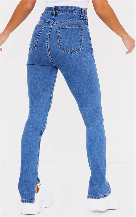 Petite Mid Blue Wash Long Leg Split Slim Fit Jeans Prettylittlething