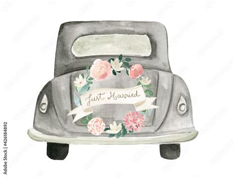 Watercolor Wedding Just Married Car Boho Floral Illustration Stock