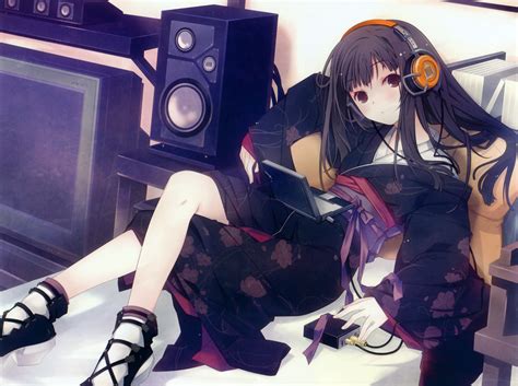 Download Blush Brown Eyes Kimono Black Hair Long Hair Anime Headphones