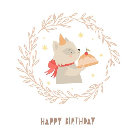 Premium Vector Happy Birthday Card With Cute Raccoon And Cake