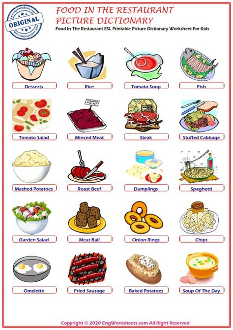 Food In The Restaurant Worksheet With Pictures And Words To Help Students Understand What They Are