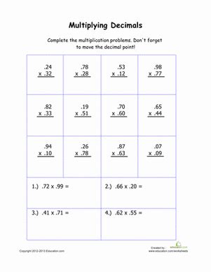 Decimal multiplication worksheets — mental math. Practice Multiplying Decimals | Worksheet | Education.com