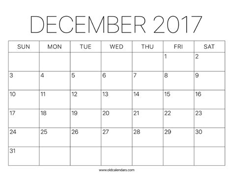 2017 Calendar December Printable Old Calendars
