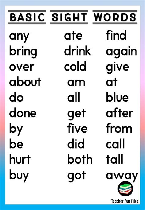 Teacher Fun Files Basic Sight Words Chart