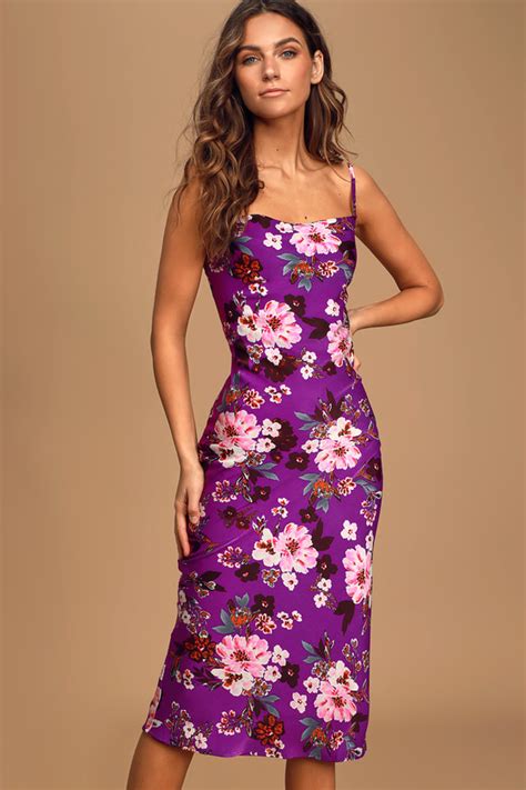 Purple Floral Print Satin Midi Dress Cowl Neck Midi Dress Lulus