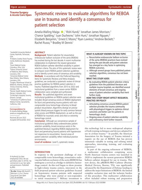 PDF Systematic Review To Evaluate Algorithms For REBOA Use In Trauma And Identify A Consensus