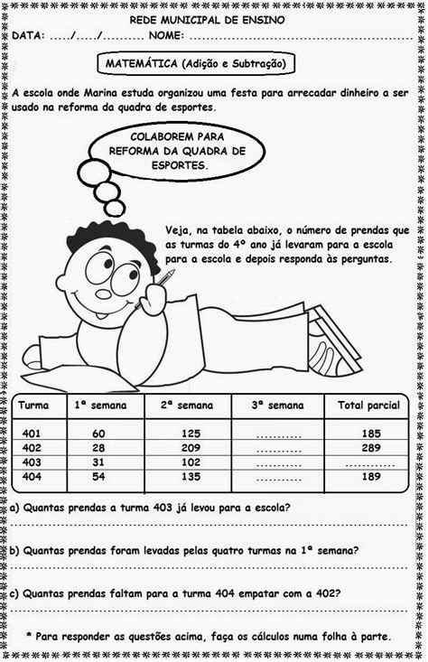 Atividades De Matematica 4 Ano Adição E Subtração Com Gabarito