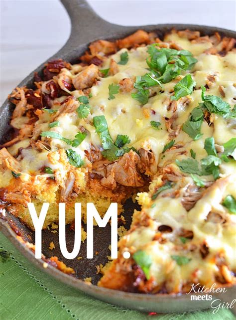 1 28 oz can baked beans, 2 cups shredded bbq pork, 1 jalapeno, chopped (optional), 6 oz monterey jack and cheddar cheese blend, shredded (colby jack is ok), 40 frozen tater tots. Easy as Tamale Pie | Kitchen Meets Girl
