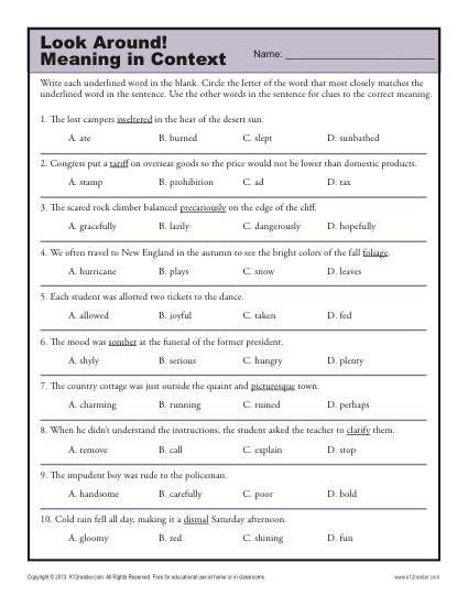Context Clues Worksheet 6th Grade