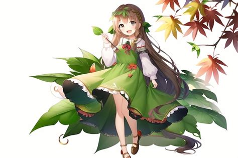 Premium Ai Image Anime Girl In A Green Dress With Leaves
