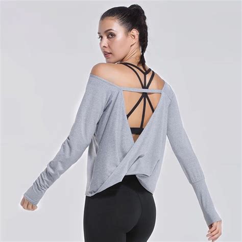 Women Sport T Shirts Sexy Backless Yoga Tops Long Sleeve Fitness