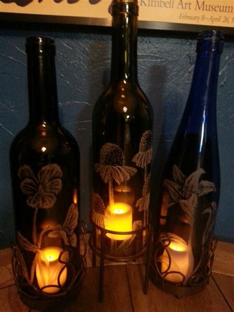 Etched Wine Bottle Luminaries Etched Glass Glass Etching Glass Craft