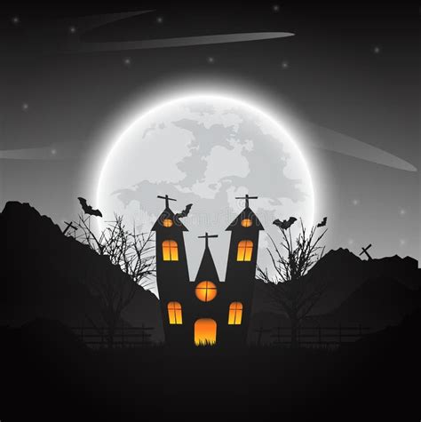 Halloween Night Background With Naked Trees Bat Haunted House A Stock Illustration