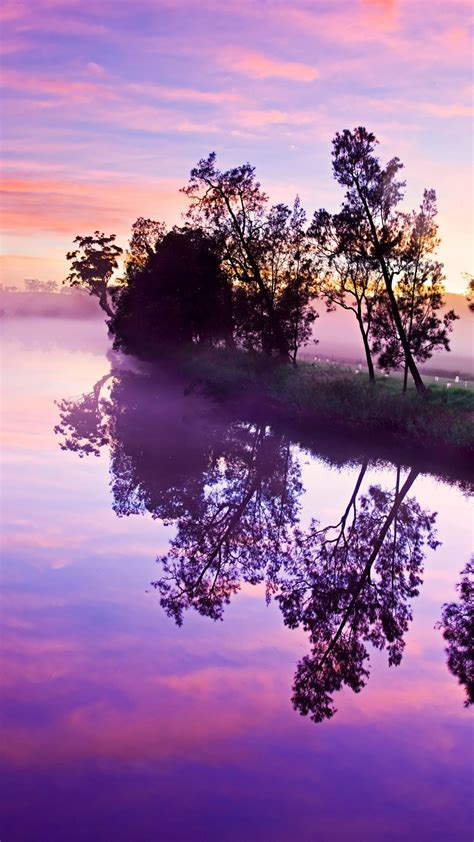 Purple Cloudy Sky Above Lake With Trees Reflection 4k 8k Hd Nature