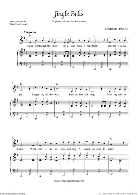 Jingle Bells Sheet Music For Piano Voice Or Other Instruments Piano
