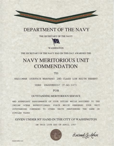 Navy Maritorious Unit Commendation Certificate