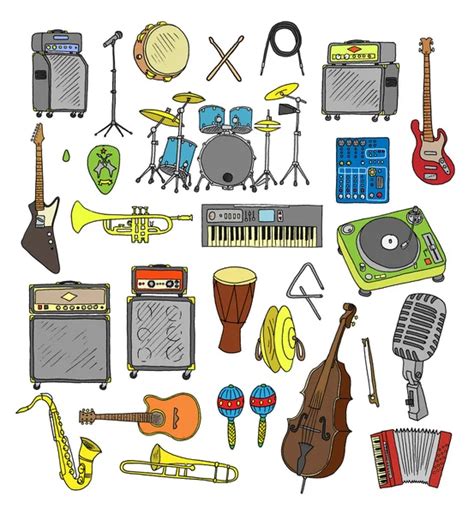 Set Of Music Instruments Hand Drawn In Vector Stock Vector Image By