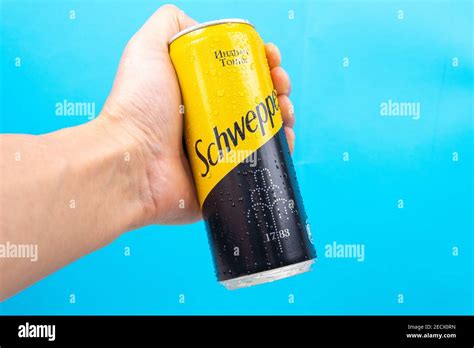 Tyumen Russia December 10 2020 Schweppes Logo Close Up With Drops