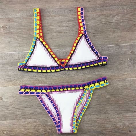 women s bikini hand crocheted knit patchwork swimsuit women swimwear beach vacation halter top