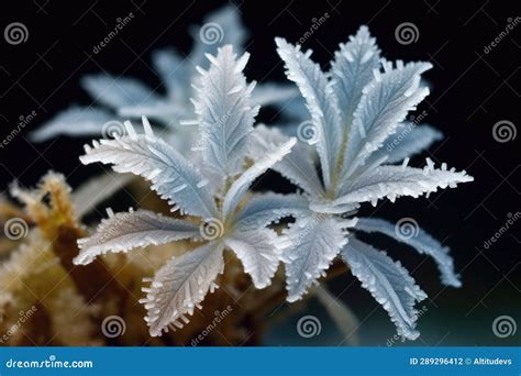 Ice Crystals Forming Frost Flowers On A Frozen Leaf Stock Photo Image