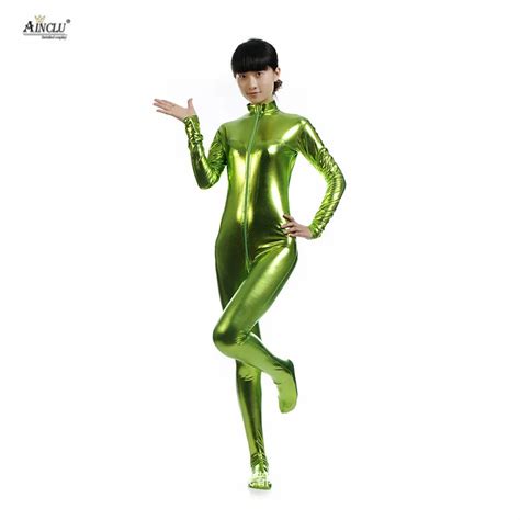 Ainclu Spandex Glue Bodysuit Shiny Catsuit Sexy Green Zentai For Adults Outcrop Body Suit