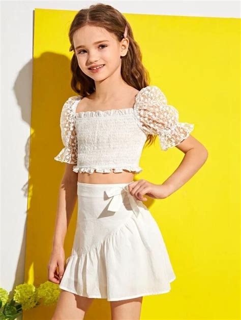Girls Embroidered Mesh Puff Sleeve Shirred Top And Skirt Set 2022