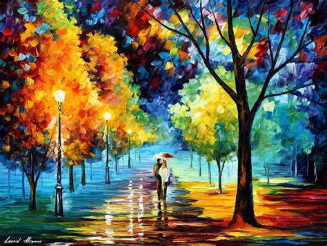 Night Alley Walk — Palette Knife Oil Painting On Canvas By Leonid