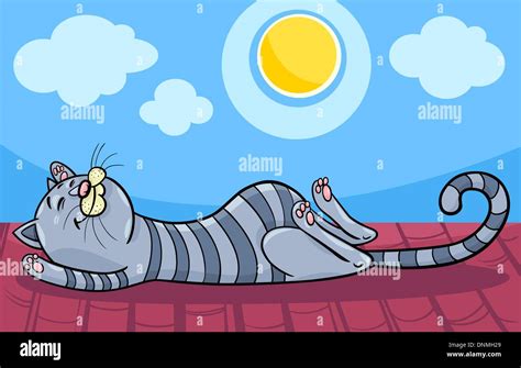 Cartoon Illustration Of Funny Tabby Cat Sleeping On The Roof In The Sun