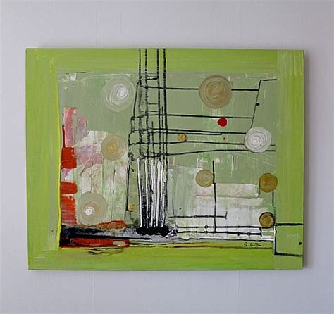 An Abstract Painting On A Wall With White And Green Colors Including