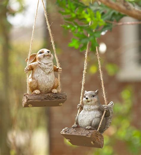 Crafted of painted iron with hook on the back for hanging. Animal On A Tree Swing Hanging Decoration | Decorative Garden Accents | Garden fairies figurines ...