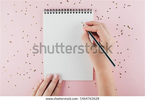 Womans Hand Writing Empty Notebook Decorated Stock Photo 1464763628