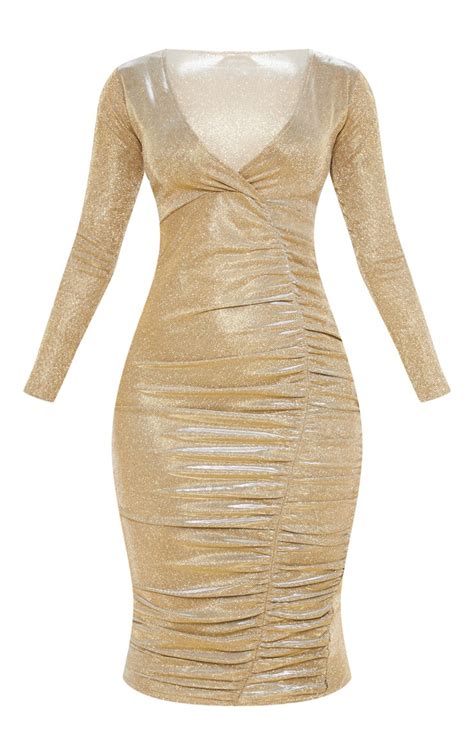 Gold Glitter Plunge Ruched Midi Dress Prettylittlething