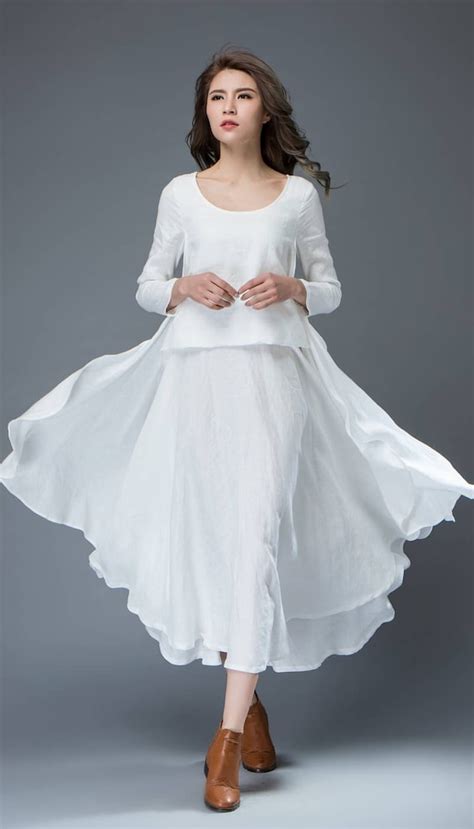 White Linen Dress Layered Flowing Elegant Long Sleeve Long