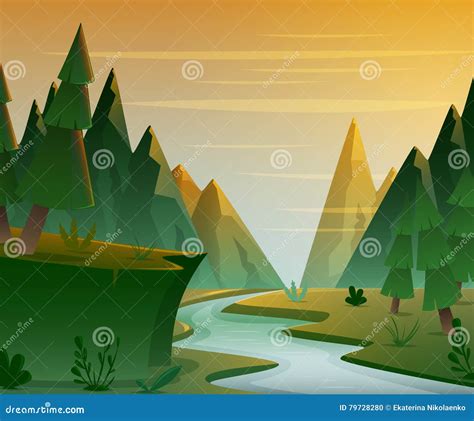 Cartoon Forest Landscape With Mountains River And Fir Trees Sunset Or