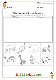 Wild animals and Sea animals Worksheets,Printable Cut and Paste Worksheets